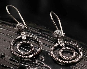 Filigree 925 Sterling Silver Double Circle Earrings in Snail Pattern. Oxidized. Everyday Wear Gift Idea for Her Ethnic Elegant Jewelry