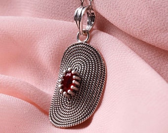Filigree 925 Sterling Silver Long Oval Pendant in Snail Pattern with Synthetic Ruby Stone. Oxidized. Everyday Wear Gift Idea for Her Elegant