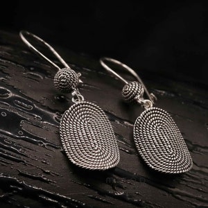 Filigree 925 Sterling Silver Long Oval Earrings with Snail Pattern. Oxidized. Everyday Wear Gift Idea for Her Ethnic Elegant Fine Jewelry