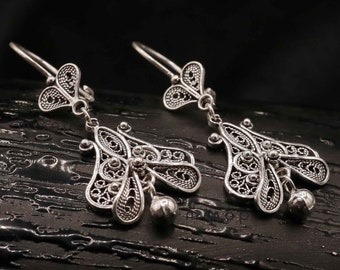 Filigree 925 Sterling Silver Teardrop Earrings with Heart & Dangling Ball. Oxidized. Everyday Wear Gift Idea for Her Ethnic Elegant Jewelry