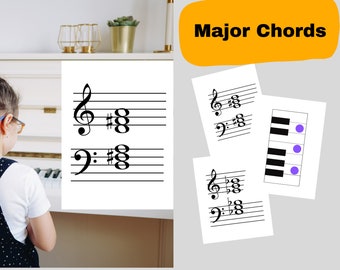 MAJOR Chord Flashcards | Notenbalk en klaviervisuals voor majeurakkoorden
