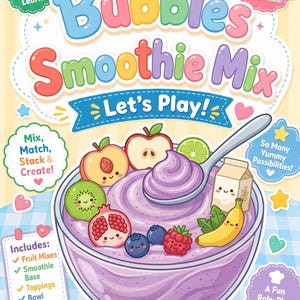 Może przedstawiać: Ilustracja zestawu do zabawy Bubbles Smoothie Mix przedstawiająca miskę fioletowego smoothie z rysunkowymi owocami, łyżką i kartonem mleka. Tekst głosi Bubbles Smoothie Mix, Let's Play!, Pretend Play Learn!, oraz Build Imagination & Life Skills!