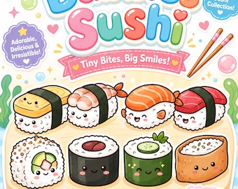 60+ Kawaii Sushi Clipart PNG Cute Japanese Food Clipart Bundle Watercolor Ramen Takoyaki Graphics Restaurant Clip Art Commercial Use Digital