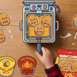 May include: A cartoon-style illustration of a light blue deep fryer containing three smiling chicken nugget characters labeled walk, draw, sleep, and write. Includes separate nugget stickers, honey mustard and spicy buffalo sauce cups, and a chicken box.