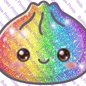 May include: A round, dumpling-shaped graphic with a vibrant rainbow gradient and a glittery, sparkling texture. It features two large, dark brown, glossy eyes, a small smiling mouth, and two soft pink blush marks on the cheeks, all outlined in dark gray.