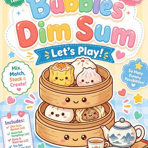 Könnte beinhalten: Eine bunte Produktverpackung für Bubbles Dim Sum mit zwei gestapelten Bambusdämpfern mit lächelnden Gesichtern, gefüllt mit illustrierten Teigtaschen und Brötchen. Enthält eine Teekanne, Teetassen, Essstäbchen und ein fischförmiges Objekt.
