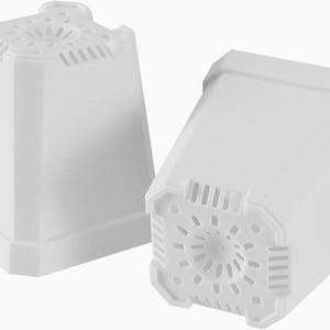 May include: Two white square plastic plant pots. The pots have a textured design on the bottom for drainage and are slightly tapered. The pots are designed for indoor or outdoor use.