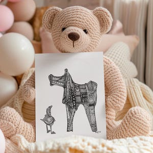 Carte de voeux lunatique de canard et de cheval - dessin au trait noir et blanc - illustration d'animal de ferme - carte ludique de chambre de bébé ou de baby shower