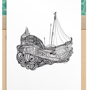 Vintage Nautical Ship Postcard – Hand-Drawn Maritime Art Print – Collectible Ocean Gift – Antique Boat Line Drawing – Adventure Awaits Card