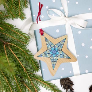 Wooden Christmas Star Ornament, Blue Star Holiday Decor, Xmas Tree Gift