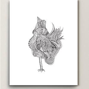 Intricate Black & White Whimsical Farm Animal Drawing, Uniquely illustrated Hen, Fine Art Print, Unframed 5x7 or 8x10