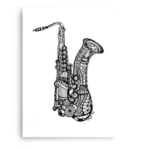 黒と白のサックスアートプリント - 5x7 ミュージックウォールアート - 手描きの楽器の絵 - 音楽愛好家へのギフト - ジャズアートミュージックルーム