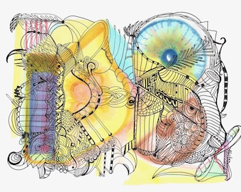 Cecità musicale - Disegno originale a inchiostro e pennarelli Copic su carta, illustrazione 9 x 12 pollici