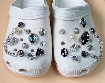 Gotische schoen bedels set, zwarte strass schoen bedels set, vintage klinknagel schoenen bedels, spikes schoen bedels, schoen bedels bling, schoendecor