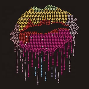 May include: A graphic of stylized lips in a kiss shape, rendered in a mosaic of small, colorful dots. The lips transition from yellow to orange and pink, with dripping lines of dots in shades of pink, purple, and blue against a black background.