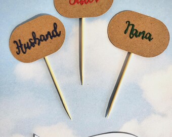 Cup Cake Topper cake picks x 12 Personalised with family name