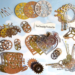 May include: Assortment of gold and silver metallic paper craft embellishments with a steampunk theme.  The embellishments include gears, chains, keys, hearts, clocks, and a top hat.  The text "The Crafty Patch Co." is visible in the image.