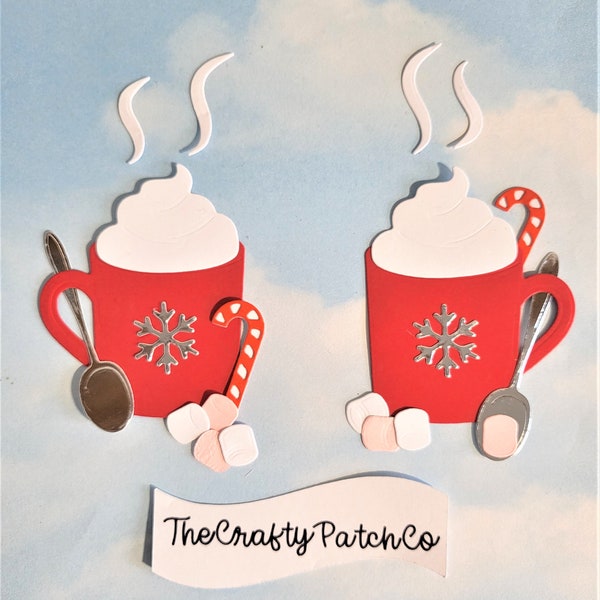 Die Cut Card Topper Christmas hot chocolate mugs x 2 spoons marshmallows