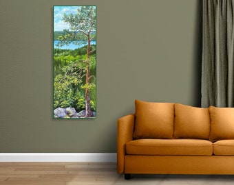 Realistic oil painting 40x100 on canvas, textured forest, river, calm and warm summer view. Perfect as a gift and for the home decoration.