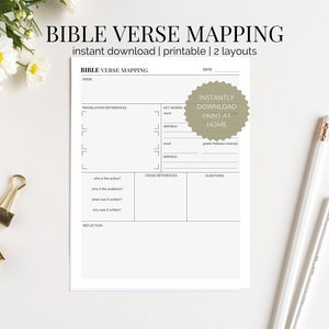 Puede incluir: Hoja de trabajo de mapeo de versículos bíblicos imprimible con secciones para el versículo, diferencias de traducción, palabras clave, referencias cruzadas, preguntas y reflexión. La hoja de trabajo tiene una etiqueta "Descarga instantánea Imprimir en casa" en marrón y blanco.