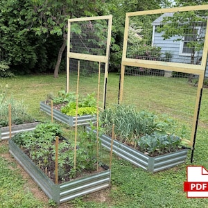 May include: Raised garden beds filled with plants, including leafy greens and herbs, in a garden setting. The beds are made of corrugated metal. Wooden trellis structures are attached to some of the beds, with a grassy lawn in the background.