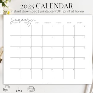 Calendario 2025 Planificador mensual 2025 en formato horizontal Calendario mensual elegante Inicio en domingo y lunes Calendario de pared tamaño carta 2025 PDF IMPRIMIBLE