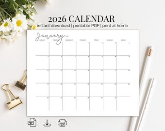 2026 Minimalist Monthly Calendar: Sunday & Monday Start (PDF Download, Letter Size)