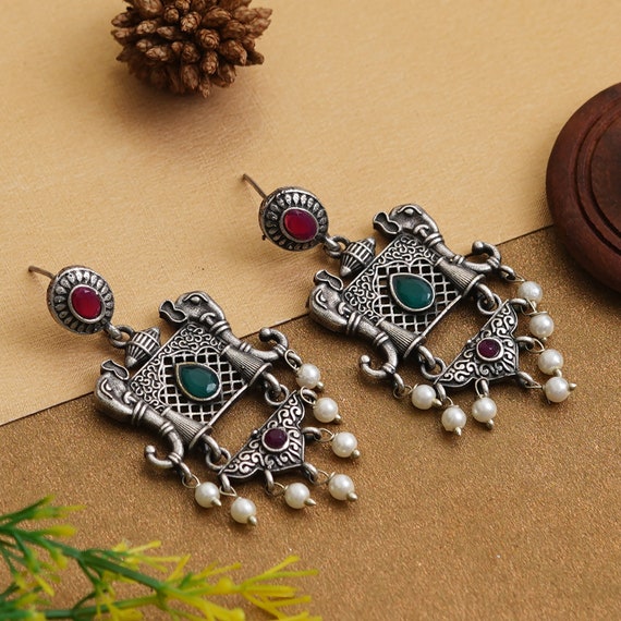 Oxidized Elephant Earrings: Indian Pearl Drop Dangle Jewelry