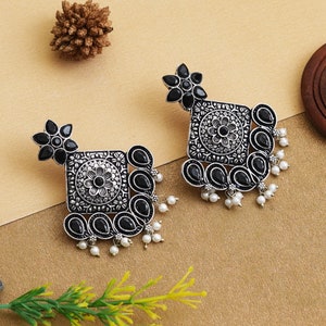 Oxidized Earring Dangler Earrings, Oxidized Indian Jewelry Dangler Stone Silver Earrings, Oxidized Jewelry, Indian Jewelry, Gift for her.
