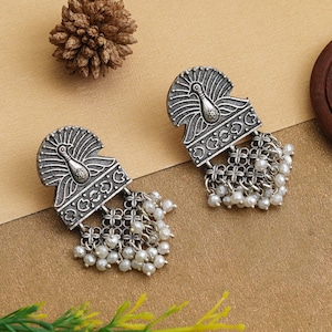 Peacock Indian Oxidized Stud Dangler Earrings with Pearl Drop Tribal Ethnic Antique Silver Plated Earring gift for Birthday & Anniversary