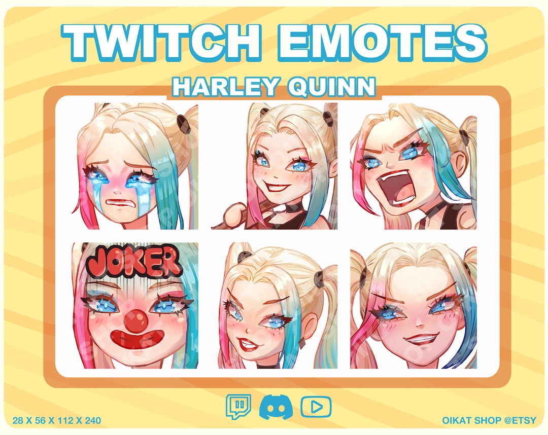 HARLEY QUINN Cute & Kawaii 6 Emotes Set Twitch Youtube Etsy