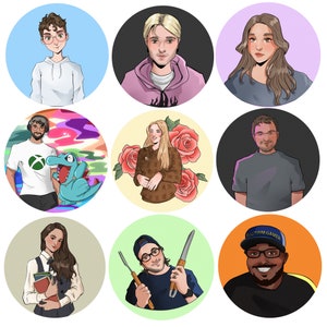May include: A collage of nine illustrated portraits of people with different backgrounds and styles. Each portrait is set against a different colored background.