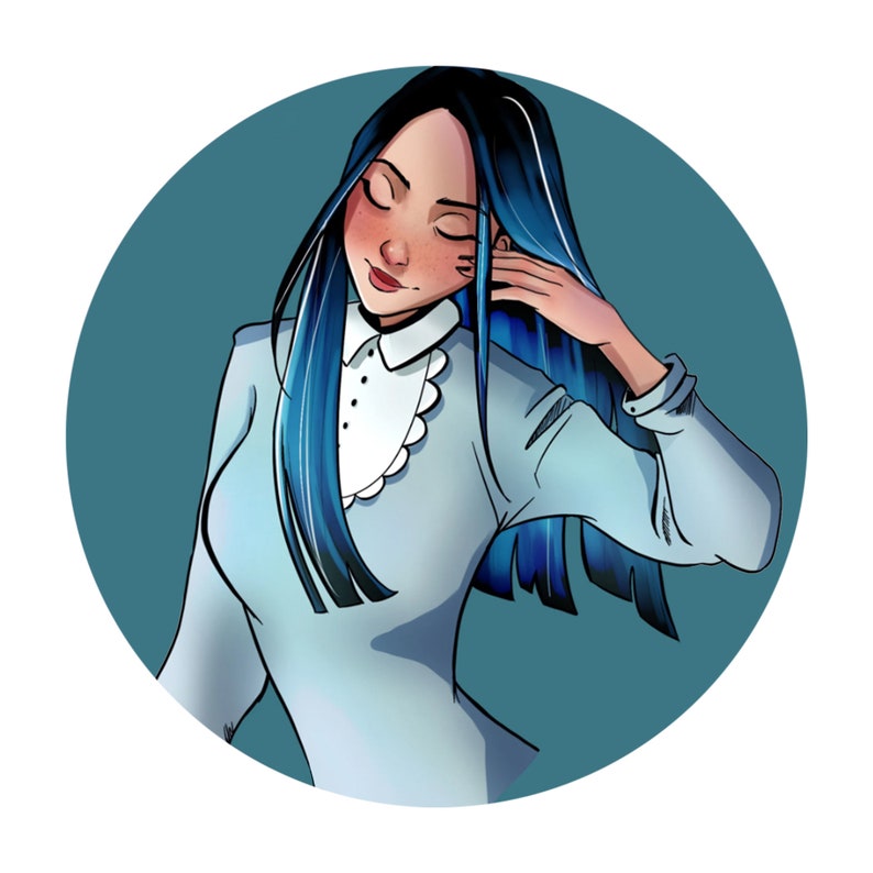 May include: A woman with long blue hair is wearing a light blue dress with a white collar and a ruffled trim. She has her eyes closed and is touching her hair with her hand.