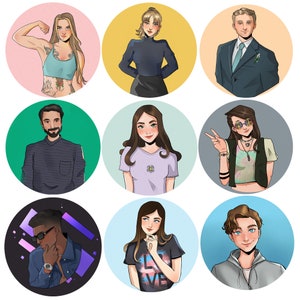 May include: A collage of nine images featuring different people. Each person is depicted in a circular frame against a solid background color. The people are wearing a variety of clothing styles, including a black mock neck shirt, a blue blazer, a pink tank top, a purple shirt, a white shirt, a gray hoodie, a green tank top, a black and white striped shirt, and a white shirt with a floral design.