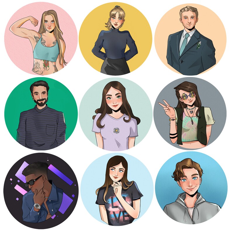 May include: A collage of nine images featuring different people. Each person is depicted in a circular frame against a solid background color. The people are wearing a variety of clothing styles, including a black mock neck shirt, a blue blazer, a pink tank top, a purple shirt, a white shirt, a gray hoodie, a green tank top, a black and white striped shirt, and a white shirt with a floral design.