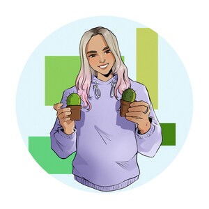 May include: A person with pink hair wearing a lavender hoodie holds two small potted cacti in their hands. The cacti are green and have small spines.