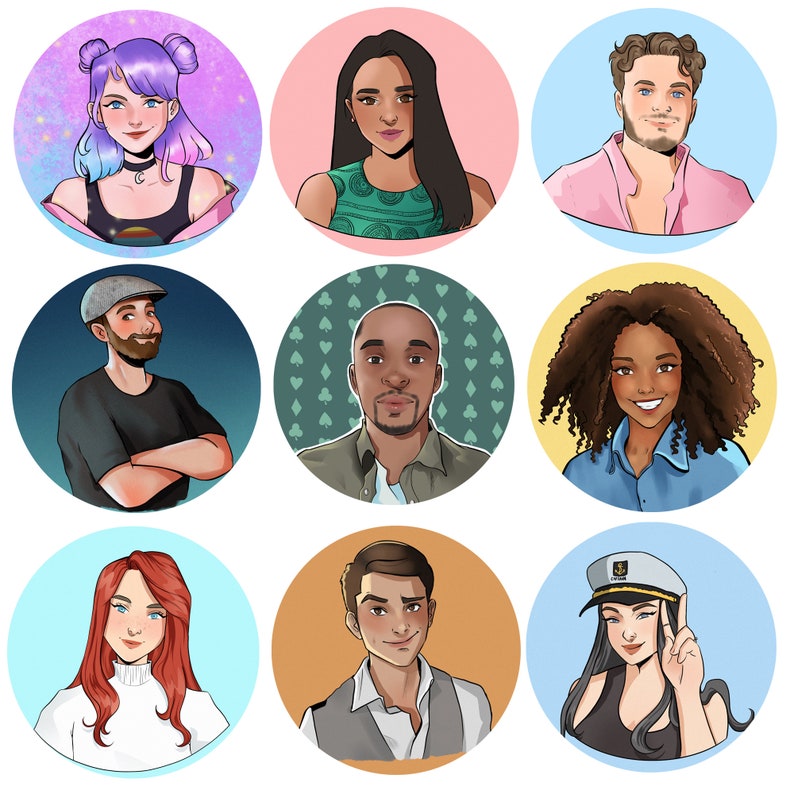 May include: Nine illustrated portraits of people with different hairstyles, clothing, and backgrounds. Each portrait is set against a different colored circle.