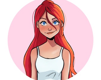 Puede incluir: Una ilustración de dibujos animados de una mujer con el pelo largo y rojo, que lleva un top blanco sin mangas. Tiene los ojos azules y un ligero rubor rosado en las mejillas. El fondo es un círculo rosa claro.