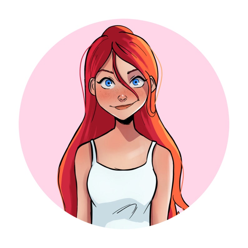 May include: A cartoon illustration of a woman with long red hair, wearing a white tank top. She has blue eyes and a light pink blush on her cheeks. The background is a light pink circle.