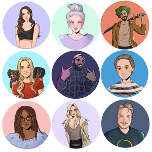 May include: A collage of nine illustrated portraits of different people with various hairstyles, clothing, and accessories. The portraits are set against colorful backgrounds.