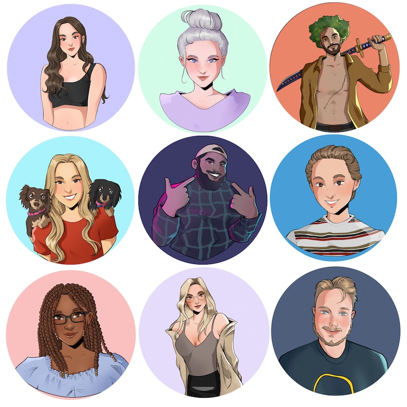May include: A collage of nine illustrated portraits of different people with various hairstyles, clothing, and accessories. The portraits are set against colorful backgrounds.