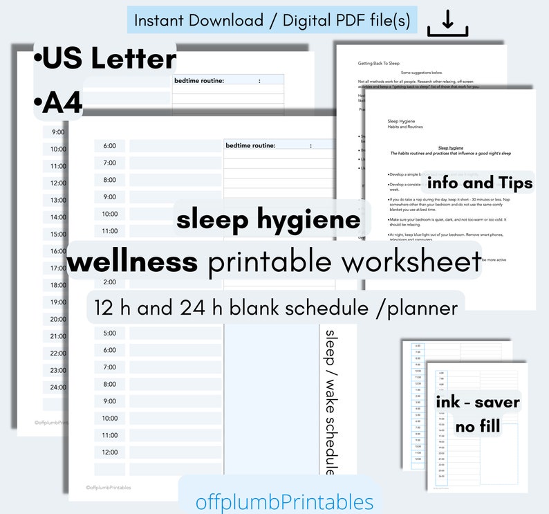 Wellness / SLEEP Wake Schedule Planner Printable Worksheet Info Bundle ...