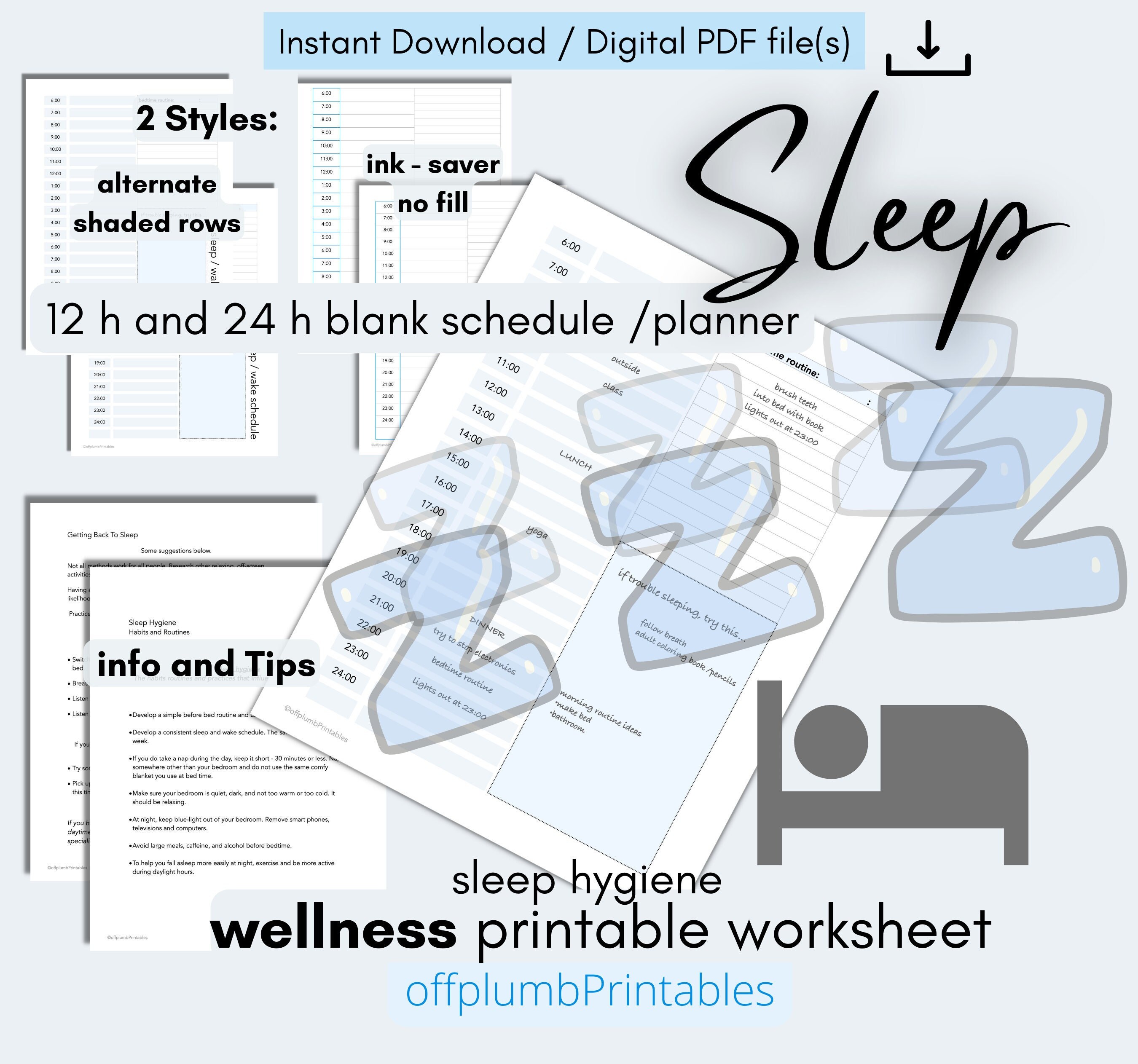 Wellness / SLEEP Wake Schedule Planner Printable Worksheet Info Bundle ...
