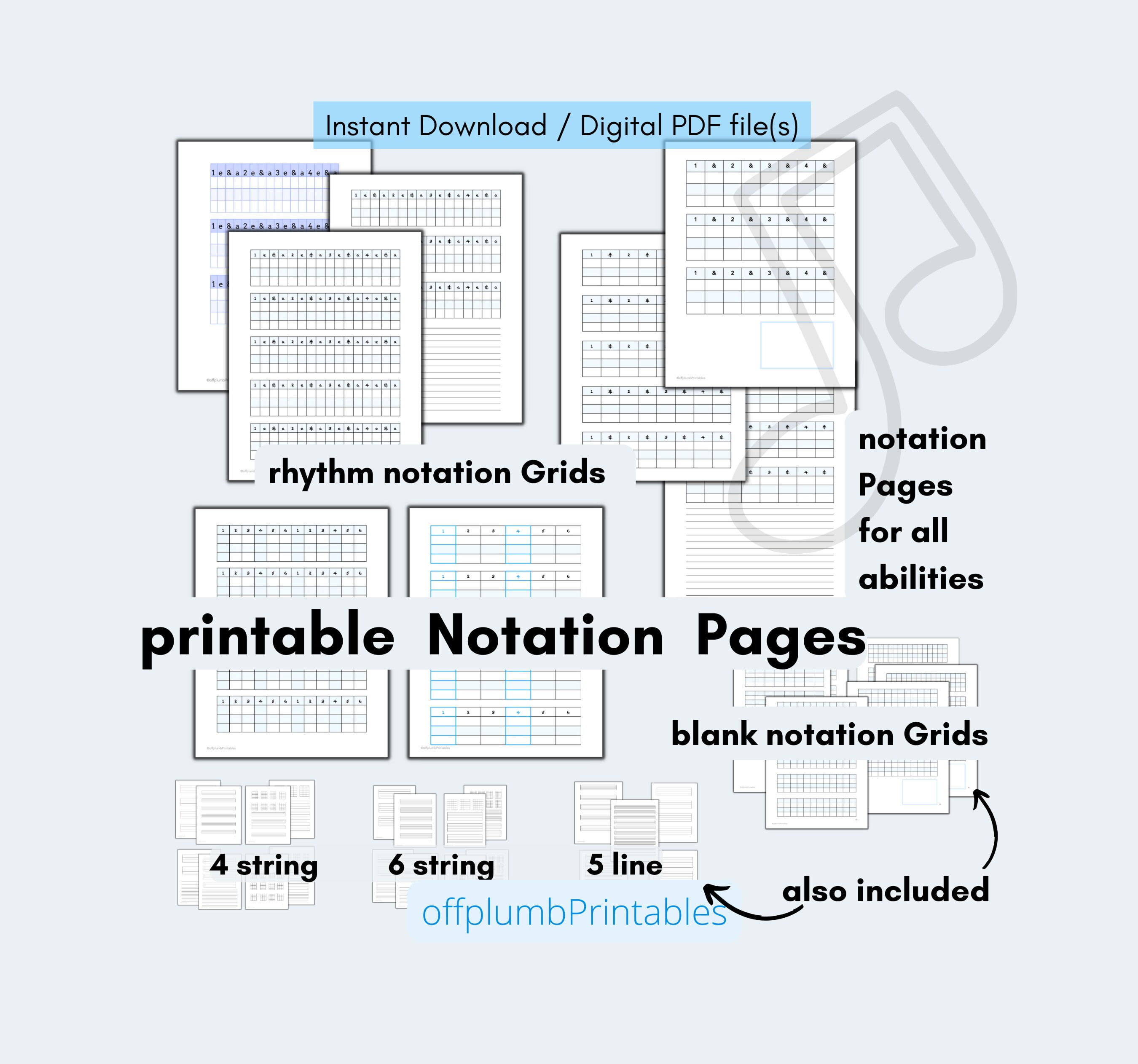 Blank Sheet Music Printable Bundle RHYTHM Grids 4 & 6 String / Frets ...