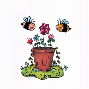 Könnte beinhalten: Ein brauner Blumentopf mit einem lächelnden Gesicht, gefüllt mit bunten Blumen und grünen Blättern. Zwei Cartoon-Bienen mit schwarzen und gelben Streifen fliegen um den Topf herum.