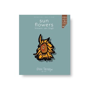May include: A yellow embroidered patch of a sunflower with a brown center and green leaves. The patch is on a blue background with the text "SPECIAL EDITION", "sun flowers", "Vincent van Gogh", "Urban Therapy", and "Mister Lemonhead Design".