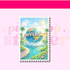May include: A postage stamp illustration featuring a blue globe with the word "UNIVERSAL" in gold lettering. The globe is set in a fountain with palm trees and a sunny sky. The stamp has a white border with a scalloped edge.