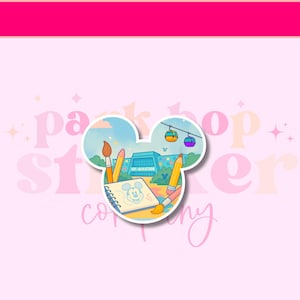May include: A Mickey Mouse-shaped sticker featuring a drawing of Mickey Mouse, pencils, paintbrushes, and a building with the text "ART ANIMATION". The sticker also includes a depiction of a gondola ride.