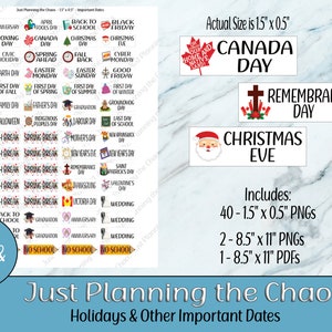 Printable Planner Stickers, Holidays, Important Dates, Holiday Stickers, Calendar Stickers, Vertical Planner Stickers, Canadian