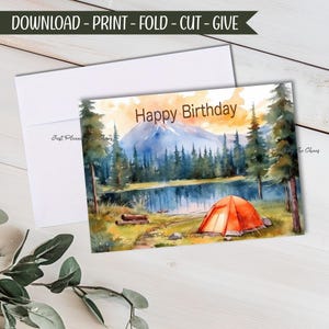 Printable Happy Birthday Card with DIY Envelope (Digital Download) Camping